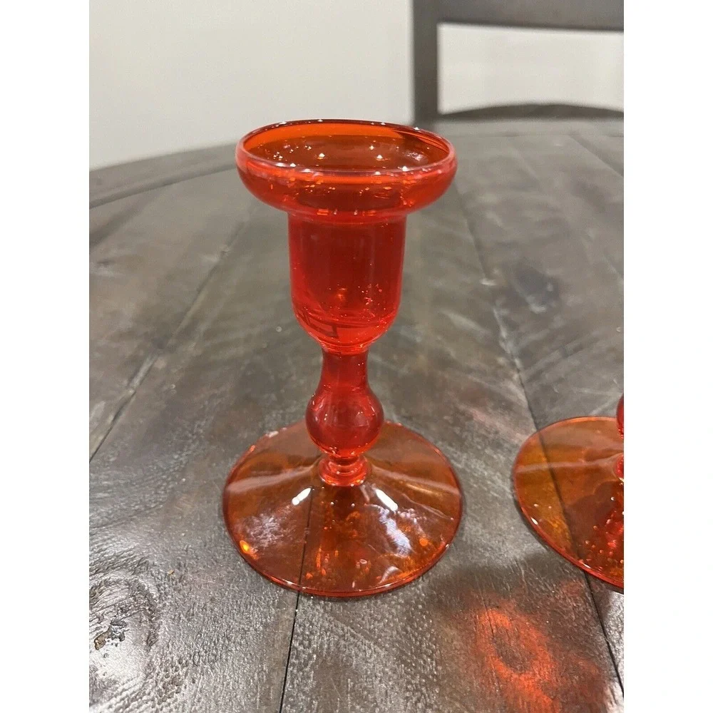 Morgantown‎ Glass Gypsy Fire Orange Candle Holder MCM Pair Vintage